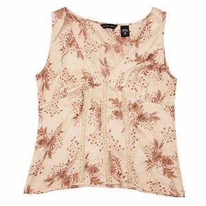 New York & Company Silk Lace Accent Top Small S Tan & Brown Boho Chic Blouse